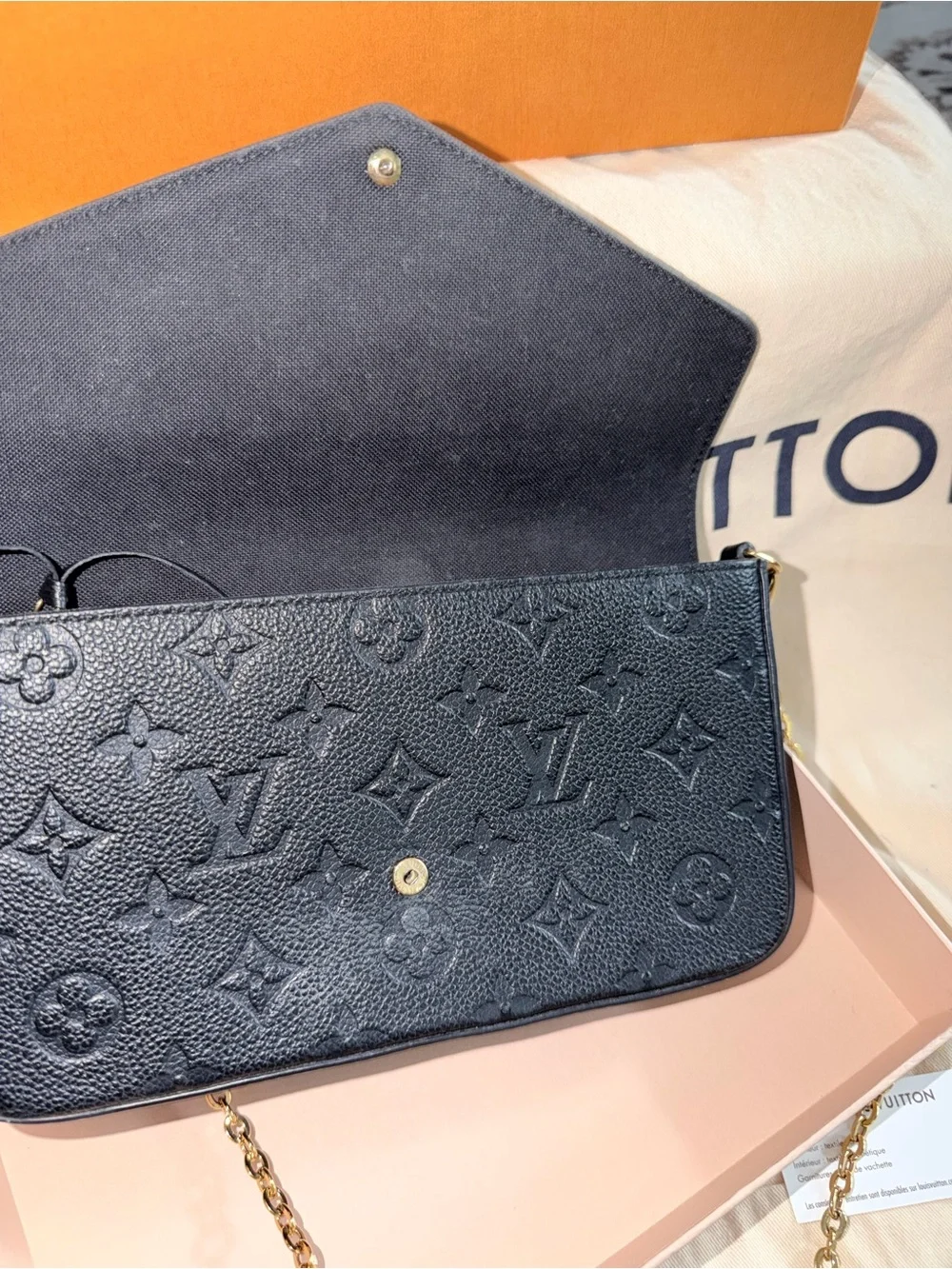 Louis Vuitton Black Embossed Monogram Wallet & Card Holder crossbody Felicia.
